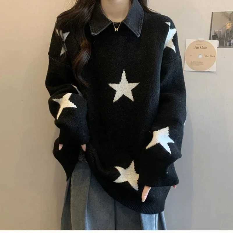 Women's Sweaters Vintage Fashion Women Sweaters Spring Autumn New Fake Two Pieces Collar Cowboy Patchwork Sweet Loog Sleeve Midi Knitd Tops H26