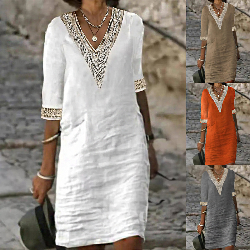 Designer European and American Station Spring Summer New Solid Color V-Neck Mid-Sleeve Cotton Linen Elegant Dress for Women