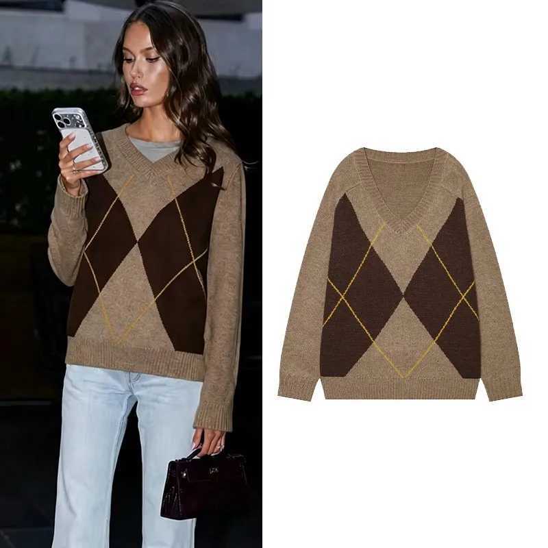 Women's Sweaters Women's Argyle Knit Jumper New 2026 Autumn Casual V Neck Long Sleeve Women Knit Pullovers With Ribbed Trims Female Sweate