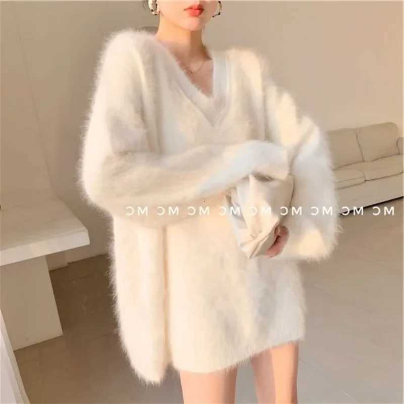 Women's Sweaters Fluffy Sweater Autumn Winter Women's Clothing Y2k Streetwear Mink V-neck Soft Pullover Jumper Loose Long Sleeve Tops New