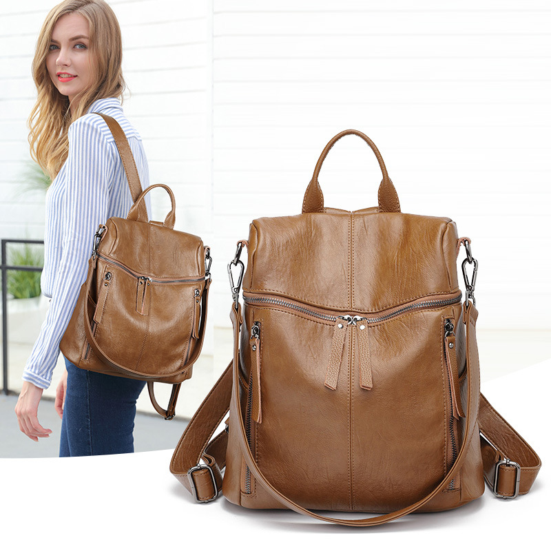 Women Black Soft Faux Leather Backpack Multi Zipper Pockets Top Handle Convertible Crossbody Travel Daypack