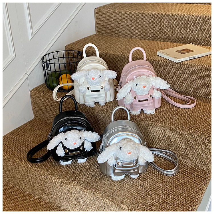 trendy Cute Kids Silver Mini Backpack With Plush Rabbit Doll Decor Small Casual Daypack For Girls Daily Use