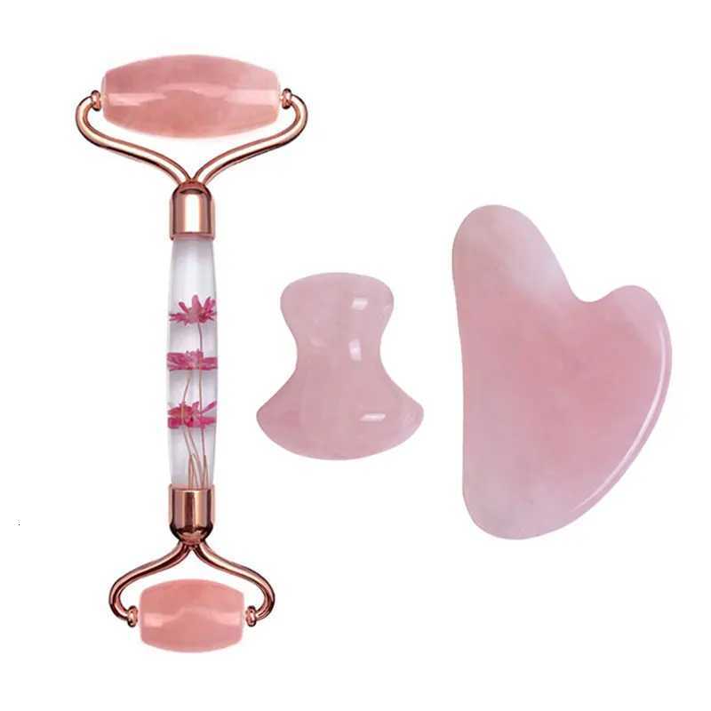 Eternal Face Massager Rose Quartz Flower Jade Roller Gua Sha Set Gouache Scraper Face Massage Natural Stone Facial Roller Jade Massager N260921