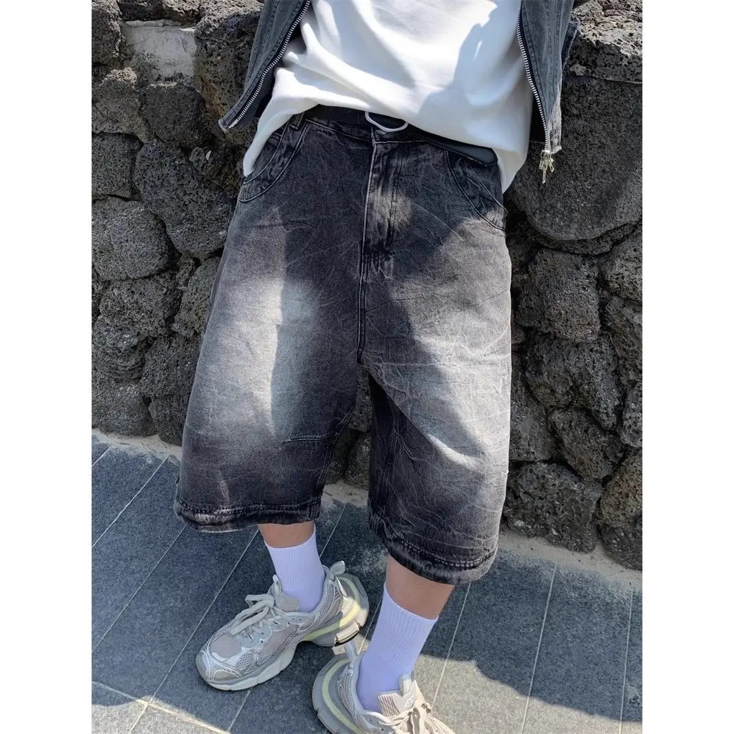 Summer Men's Black Gray Vintage Washed Denim Shorts Vintage Cool Boys Jeans Casual Bottom Male High Waist Wide Leg Cropped Pants 260921