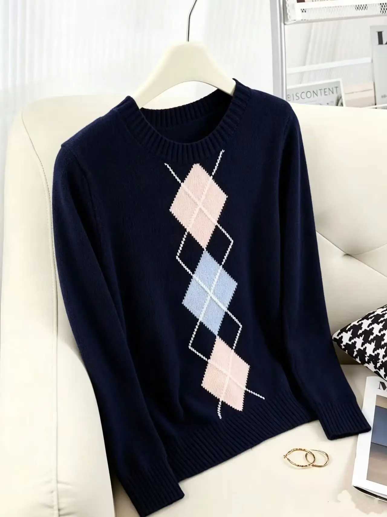 Women's Sweaters Women's Round Neck Knitted Sweater 2026 Dark Blue Pattern Autumn Winter New Style Comfortable Soft Fabric D260923