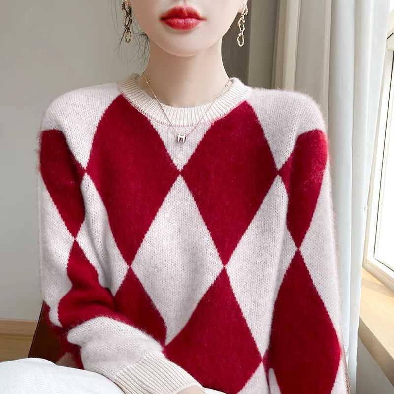 Women's Sweaters 100% Merino Wool Women's Crewneck Plaid Sweater Long sleeve Pullover Korean Fashion Women's Autumn and Winter Thick