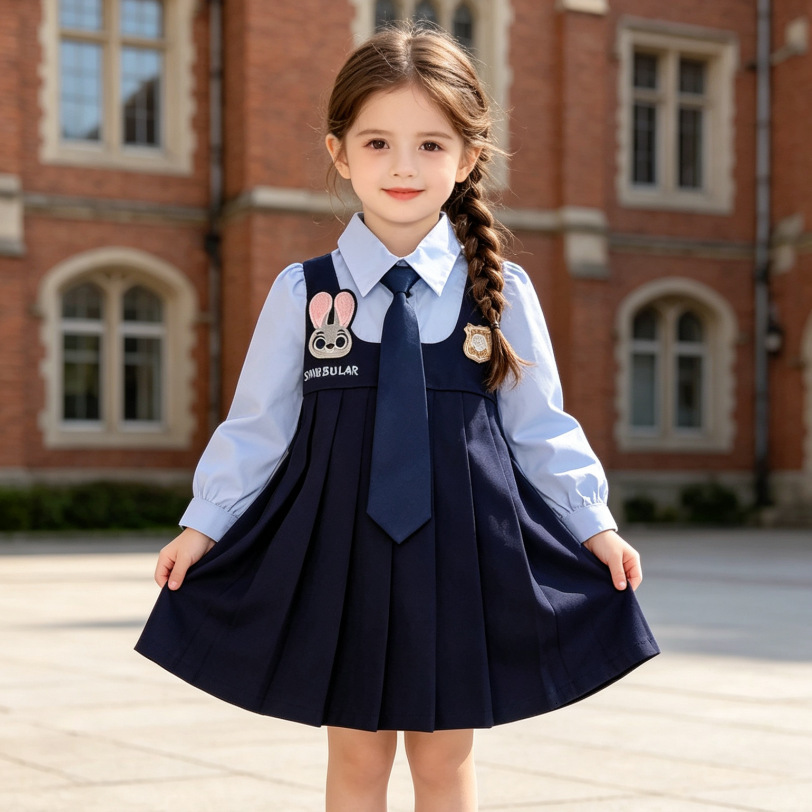 In-stock wholesale 2026 girls' bunny dress, new spring and autumn style, faux two-piece long-sleeve dress with tie included