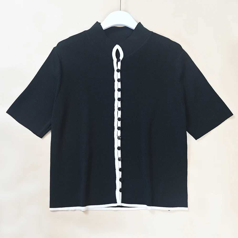 Women's Sweaters Summer New Ladies Slimming Color Block Knitwear Short Sleeve College Style Pullover Two Piece Set Regular Length Button Door H