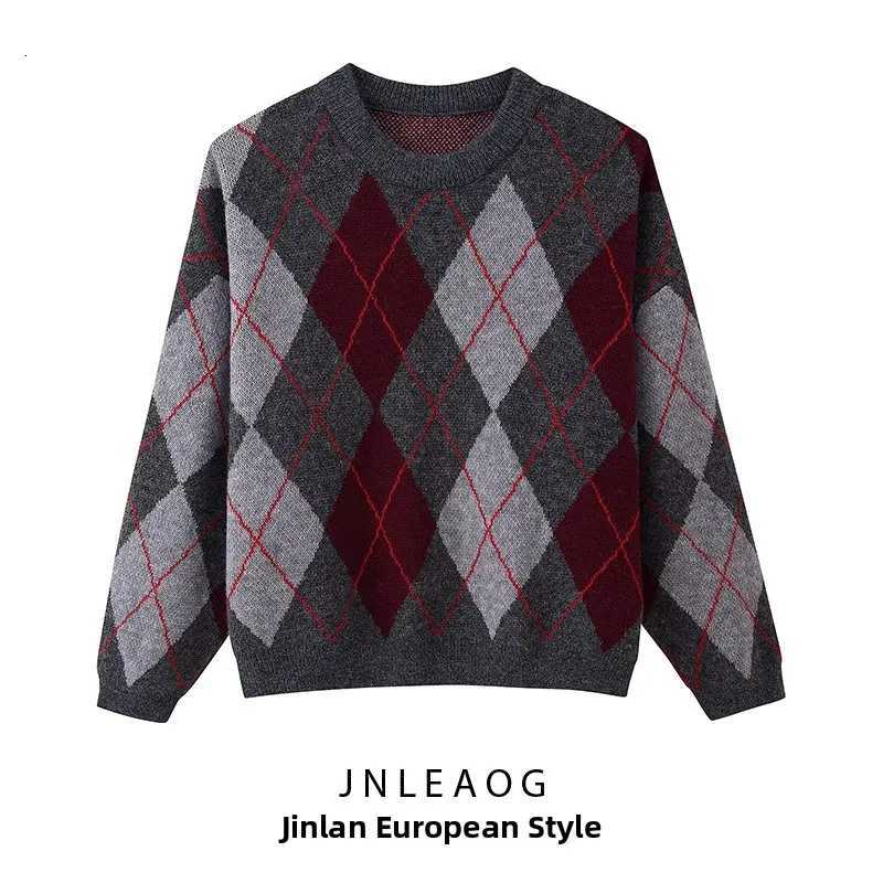 Women's Sweaters JNLEAOG Autumn New Women's Fashion Knitted Long Sleeve round Neck T-Shirt with Floral Pattern Grid Polyester Fiber H26092
