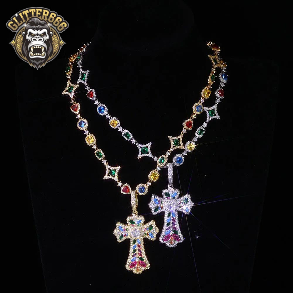 2026 new style Iced Out Colorful Cross Pendant Necklace Gold Plated Large Baguette Moissanite Diamonds Custom Charm Design Hip Hop Jewelry