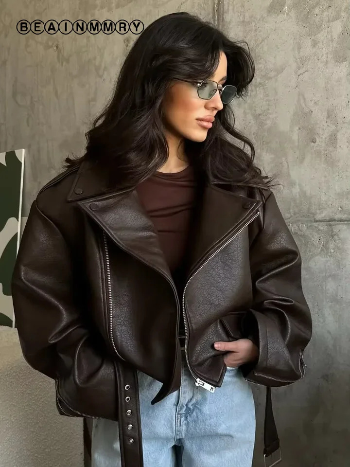 Casual Dark Red Zipper Leather Short Jackets Women Long Sleeve Lace Up Lapel Loose Button Coat Lady Daily High Street Wear 2026 260923
