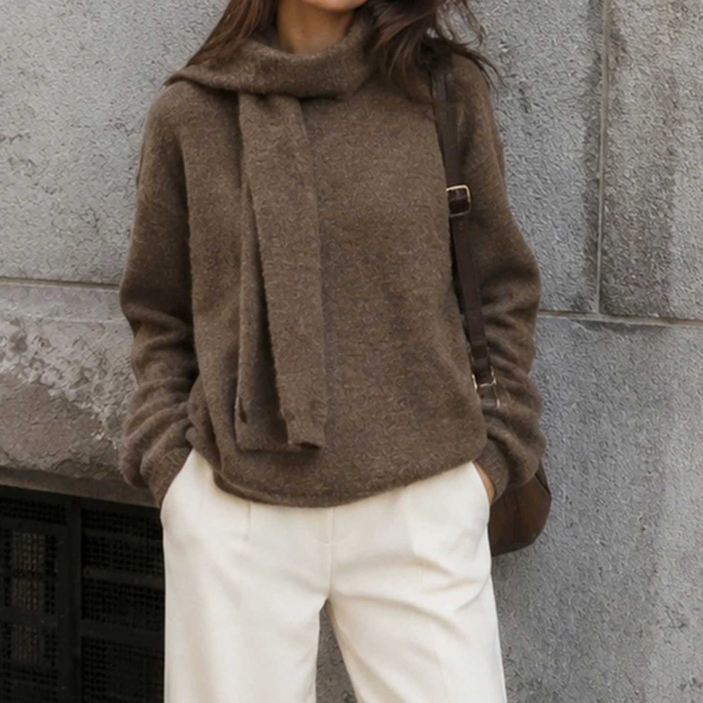 Women's Sweaters Women Detachable Scarf Pullover Sweater Autumn Winter Loose Long Sleeve Solid Color Knit Top Warm Lazy Style Knitwear H260923