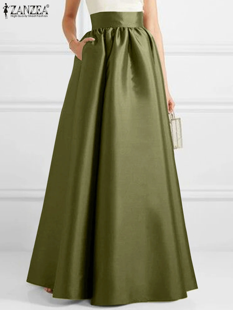ZANZEA Women Autumn Satin Skirt A-line Floor Length Solid Color High Waist Dress Elegant Vintage Casual Oversized Long Robe 260923