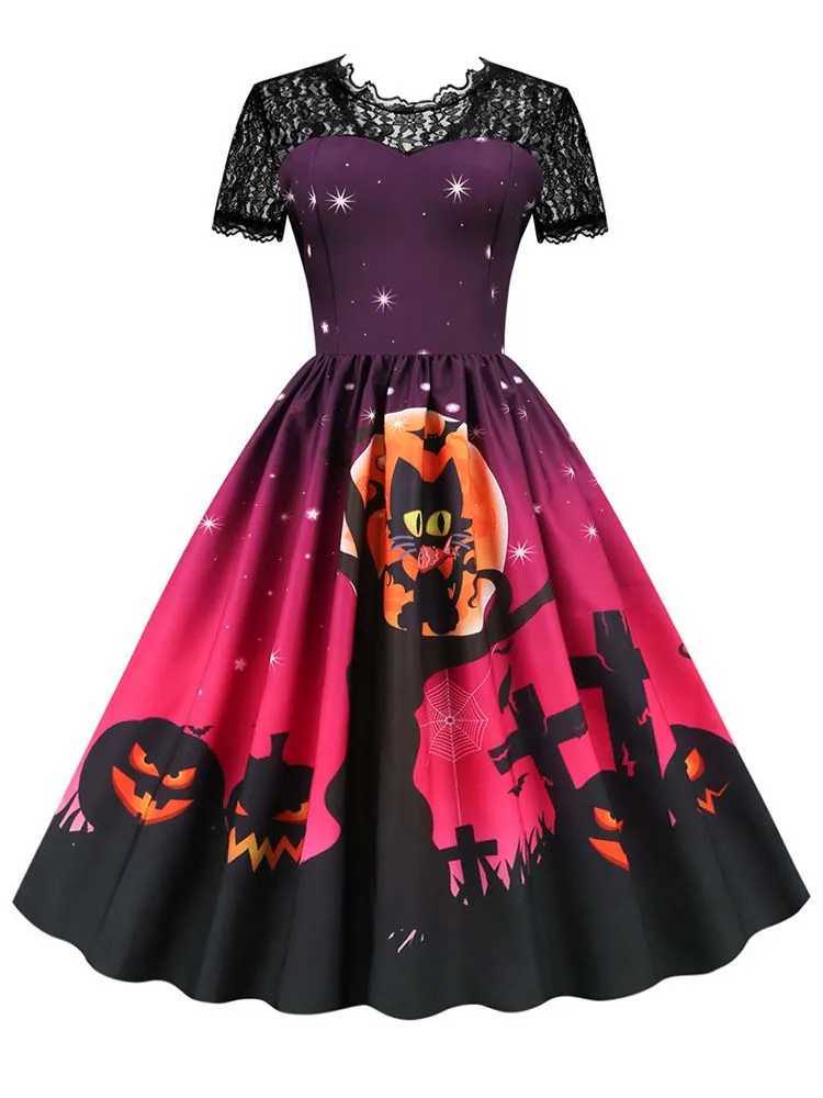 Costume a tema Abito da Halloween in pizzo vintage da donna Manica corta Elegante da sera Costume da ballo anni '50 anni '60 Festa stile vintage L26