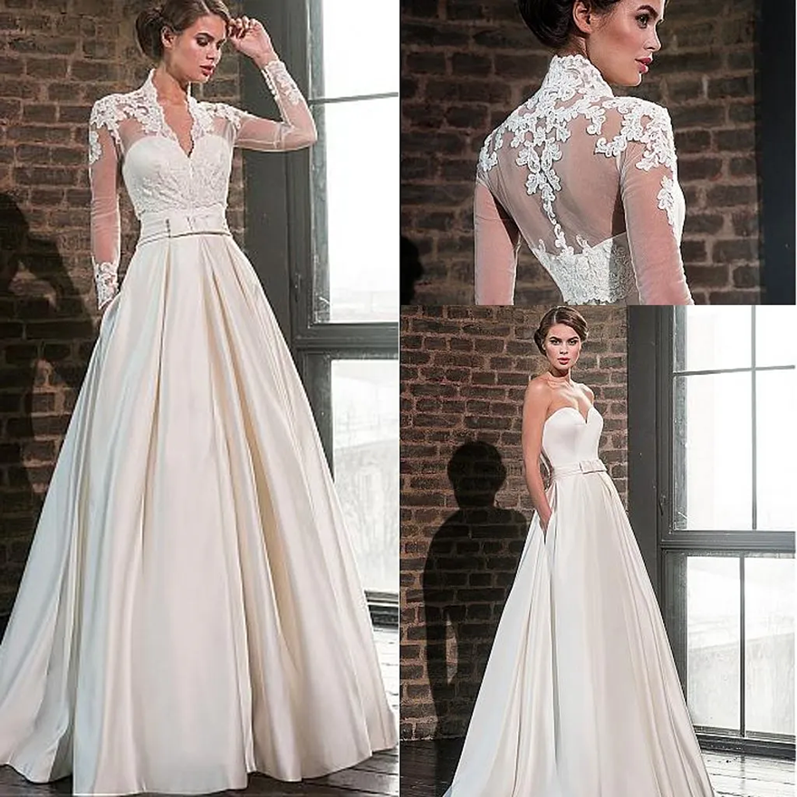 Elegant Sweetheart Satin A Line Wedding Dresses with Lace Jacket Long Sleeves V Neck Floor Length Bridal Gowns Pockets Robe De Mariage LG1681