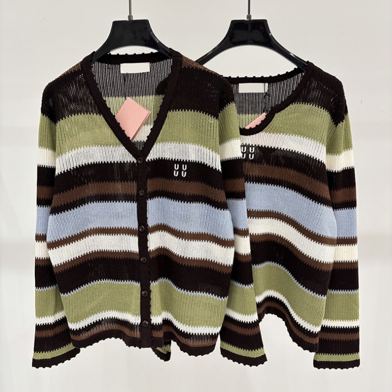 Vintage Striped Cardigan Women V Neck Knit Loose Fit Multicolor Unisex Thin Stretchy Sweater Coat Autumn Winter Street Commute Cardigans