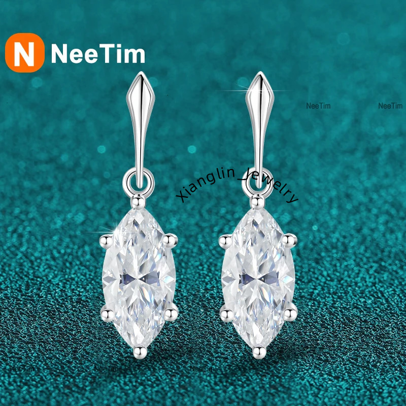 NeeTim 1ct Marquise Cut D VVS1 Moissanite Earrings S925 Silver with White Gold Plated Earring for Women Sparkling Luxury Jewelry
