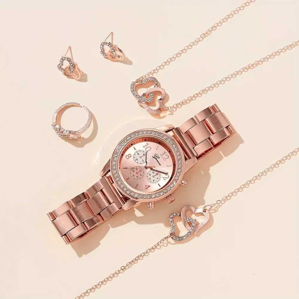Women's Watches 6PCS Set Rose Gold Luxury Watch Women Ring Necklace Earring Rhinestone Fashion Wristwatch Casual Ladies Bracelet WatchesT260923