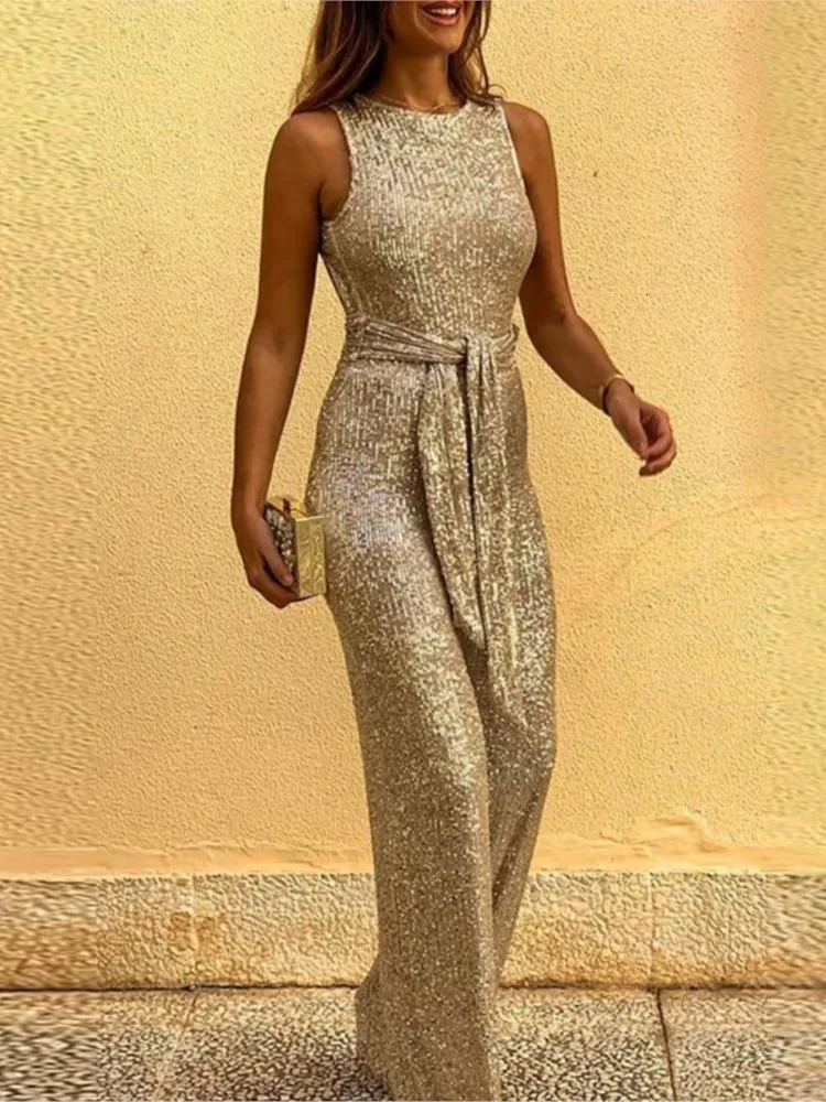 Sexy Chic Gold Sequin Open Back Long Pants Women Wrap Hip High Waist Sleeveless Evening Vestidos Elegant Lady Party Set Clothing 260922