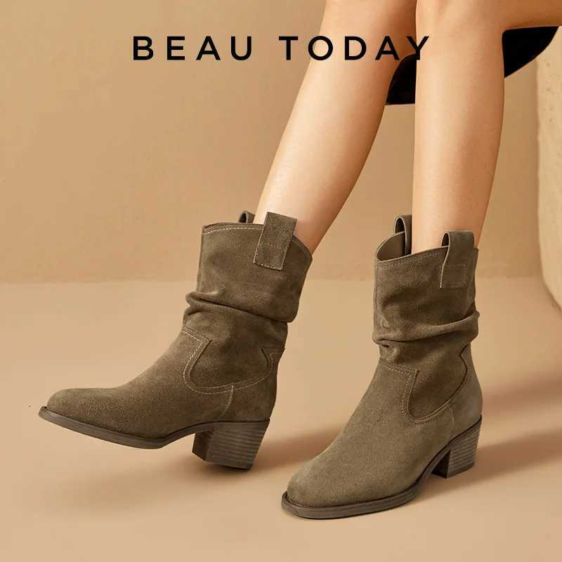 Ankle Dress Elegant Shoes BEAUTODAY Boots Wen Cow Suede Pointed Toe Flock Ladies Pleated Stacking Boots Autumn Winter Handmade 06154 J260922