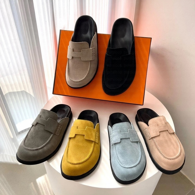 Designer Scuffs Sandals Go Mule Half Slippers Loafers Women Men Suede Flat Leather Scuffs Sandals Slip On Black Brown Beige Clogs H Sandals Casual M