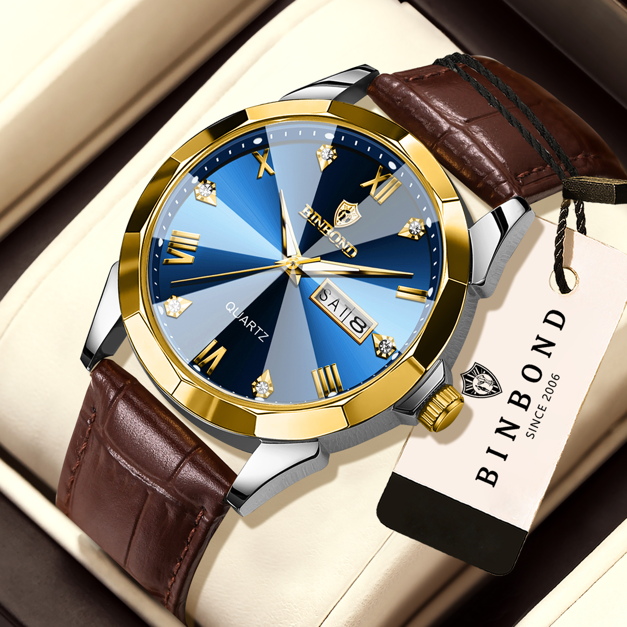 BINBOND business quartz watches for men luxury luminous waterproof precise auto date week display men's watch durable reloj 26Y0923