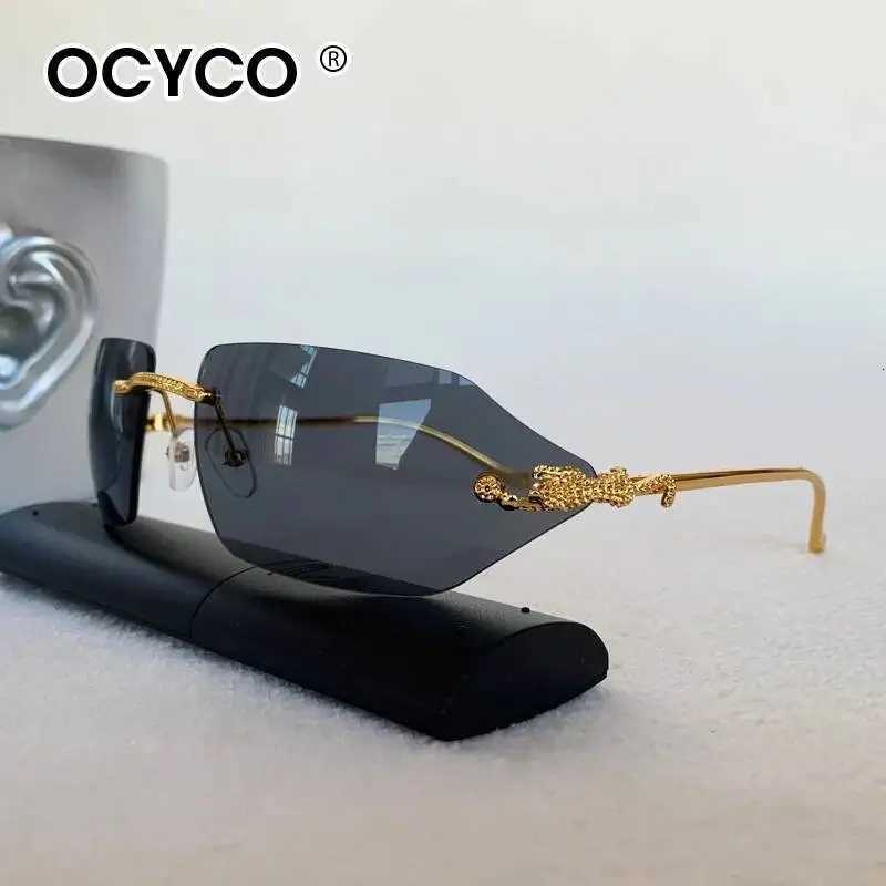 Sunglasses OCYCO Y2K Luxury Rimless Curved Sunglasses For Women Men Brand Designer Rectangle Sun Glasses Vintage Punk Leopard ShadesT260923