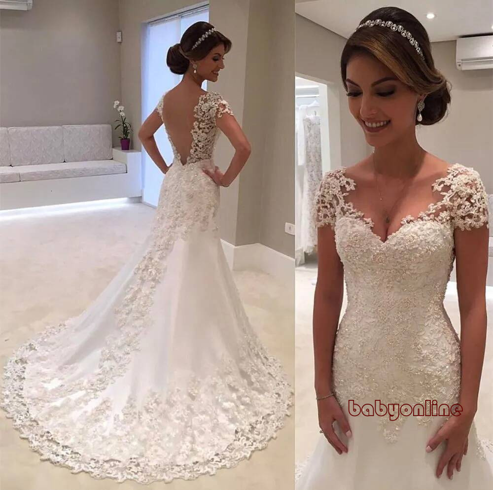 Elegant White Backless Lace Mermaid Wedding Dresses V Neck Short Sleeve Bridal Dress Robe De Mariage Vestido Noiva