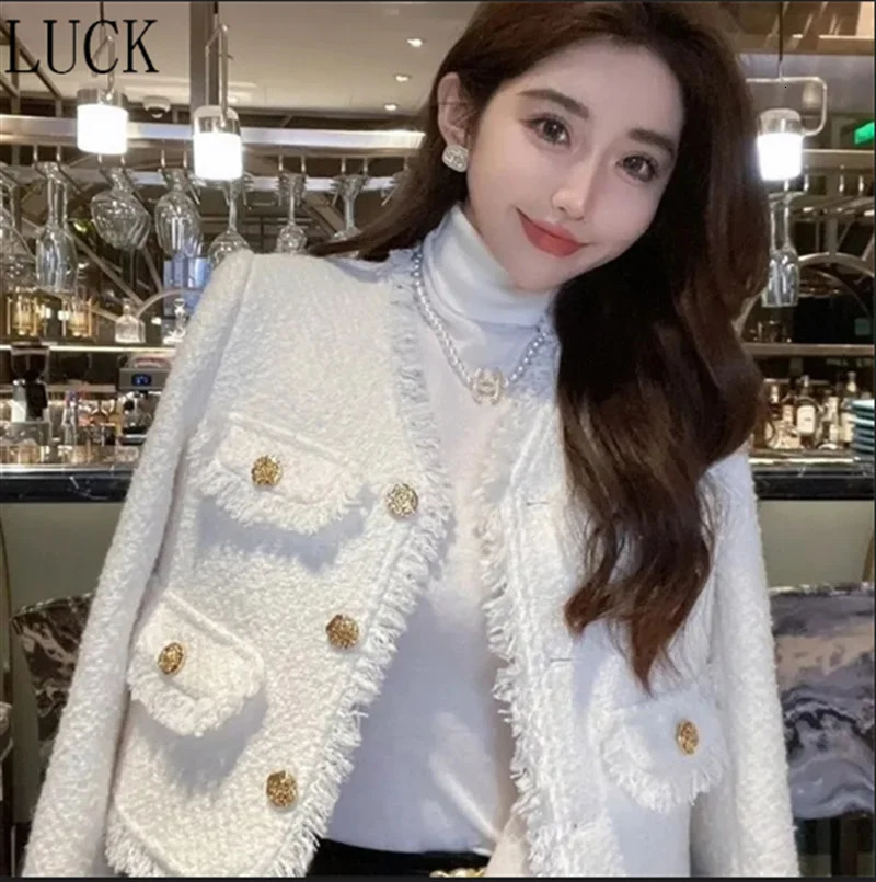 Jackets Small Fragrance Loose V-neck Long-sleeved Coat Spring and Autumn y High-grade Tweed French White Short Coat Woman 260922
