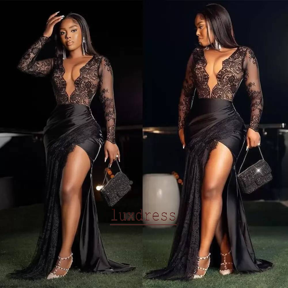 Sexy Black Satin Mermaid Prom Dress Thigh-High Slits Evening Gowns Sheer Long Sleeve Lace Applique Women Formal Occasion Robes