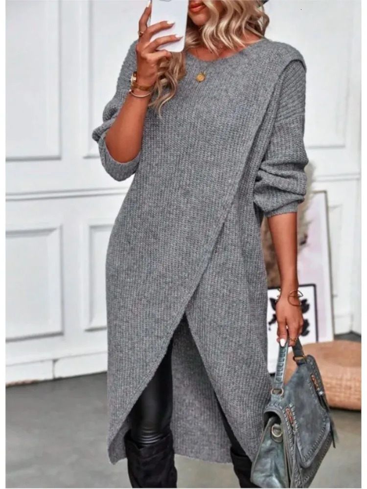 Womens Long Knitted Sweater Dress Autumn Winter Warm Fur Jumpers Casual Solid Loose Knit Midi Dress Lady Work Pullovers 260922
