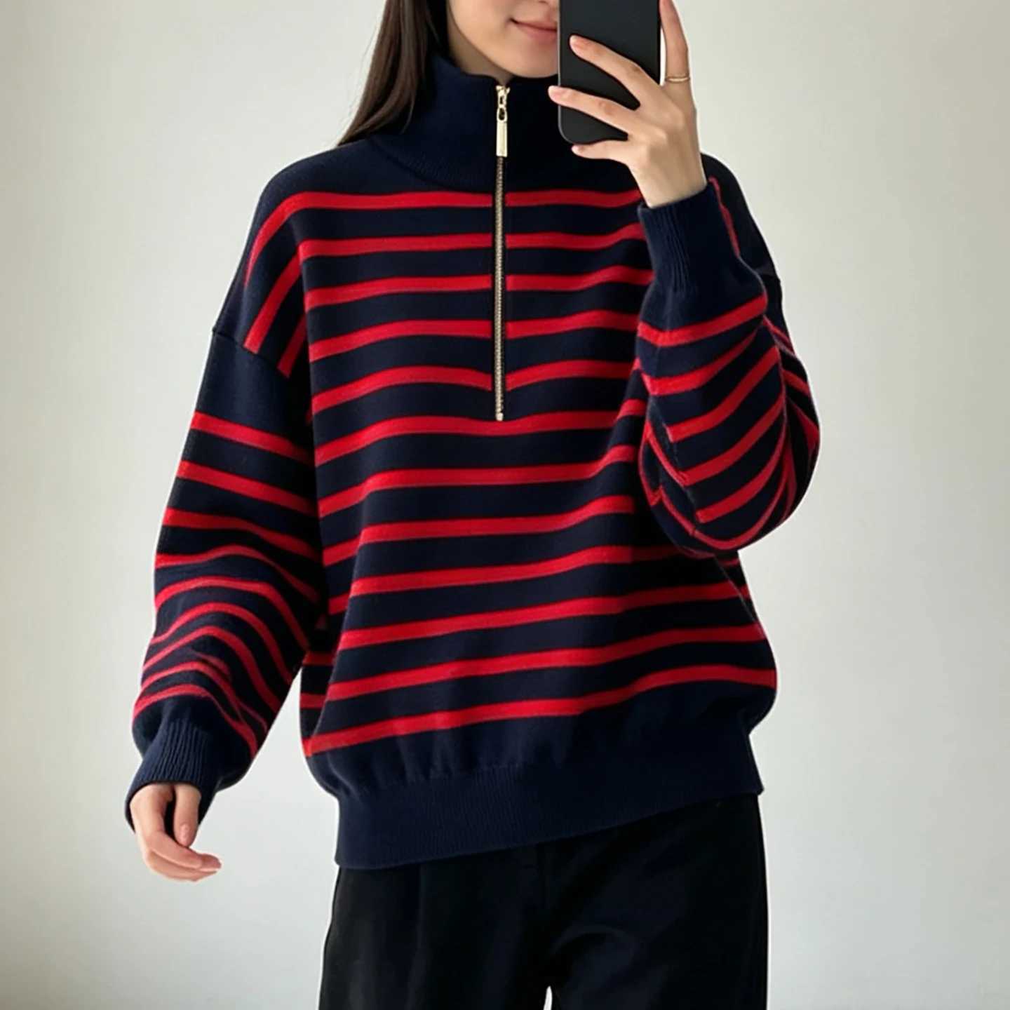 Women's Sweaters Striped lapel half zipper pullover sweater women's autumn and winter new loose versatile and thin lazy style knitted swea