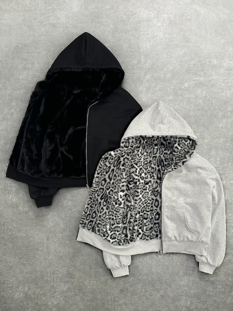 2025 Nueva sudadera con capucha unisex con bolsillo con forro con estampado de leopardo, cárdigan suelto, sudadera con cremallera, estilo callejero,