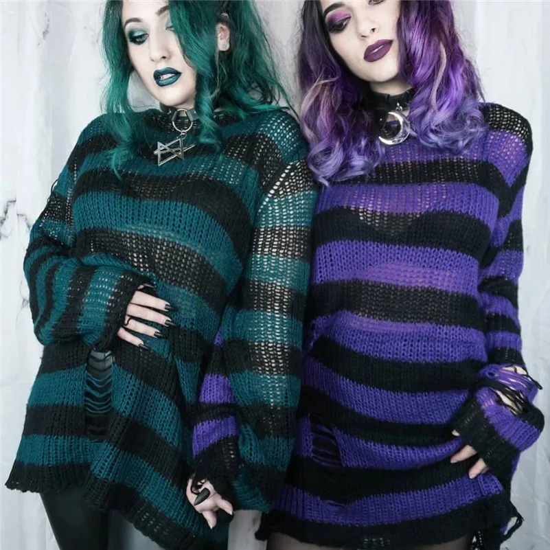 Punk Gothic Long Unisex Sweater Summer Women Striped Cool Hollow Out Hole Broken Jumper Loose Rock Thin Dark Streetwear Top 260918
