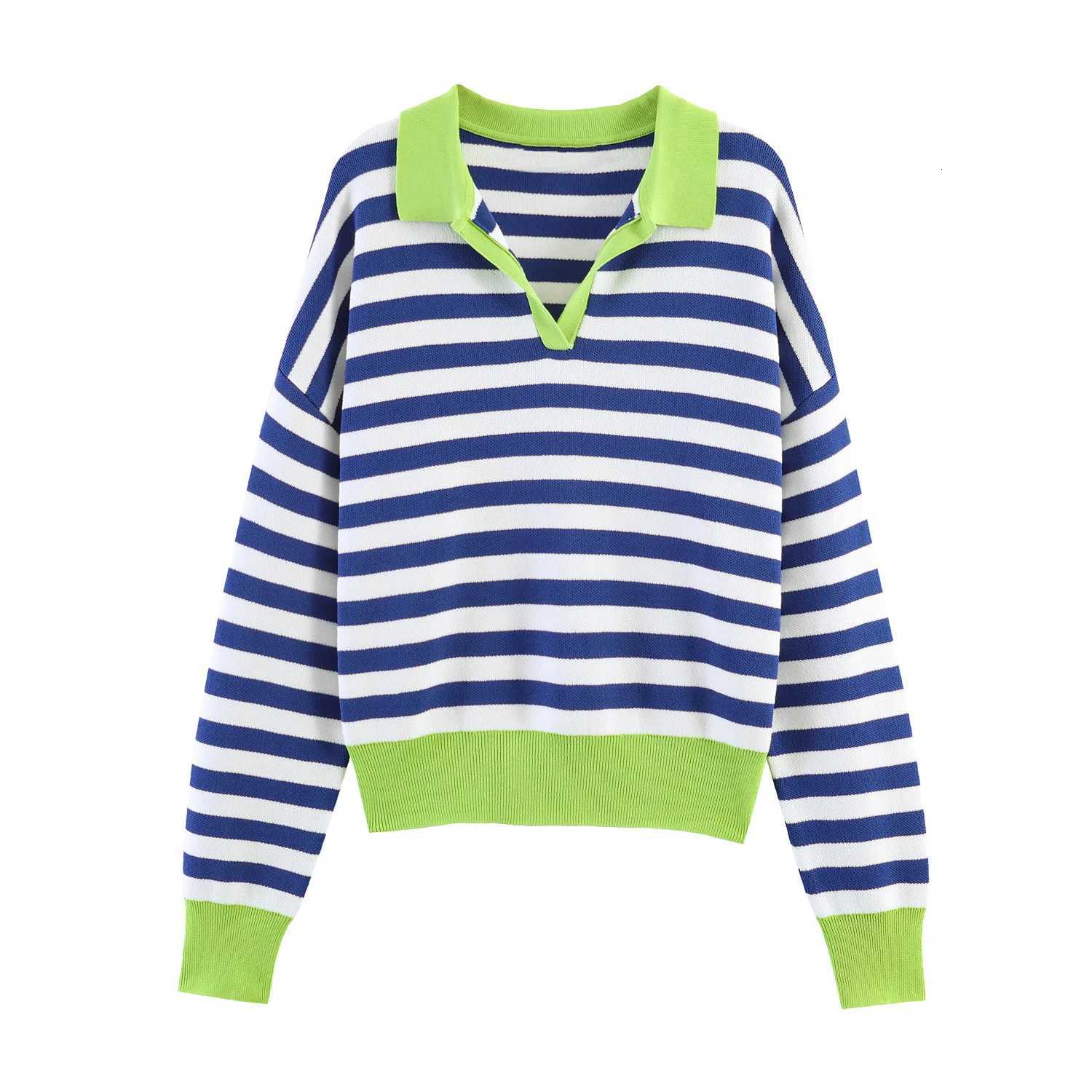Women's Sweaters 2026 New Spring Autumn Women's elegant Chic Loose Lapel Striped Knitted Pullovers Lady High Street Warm Oversized Short S