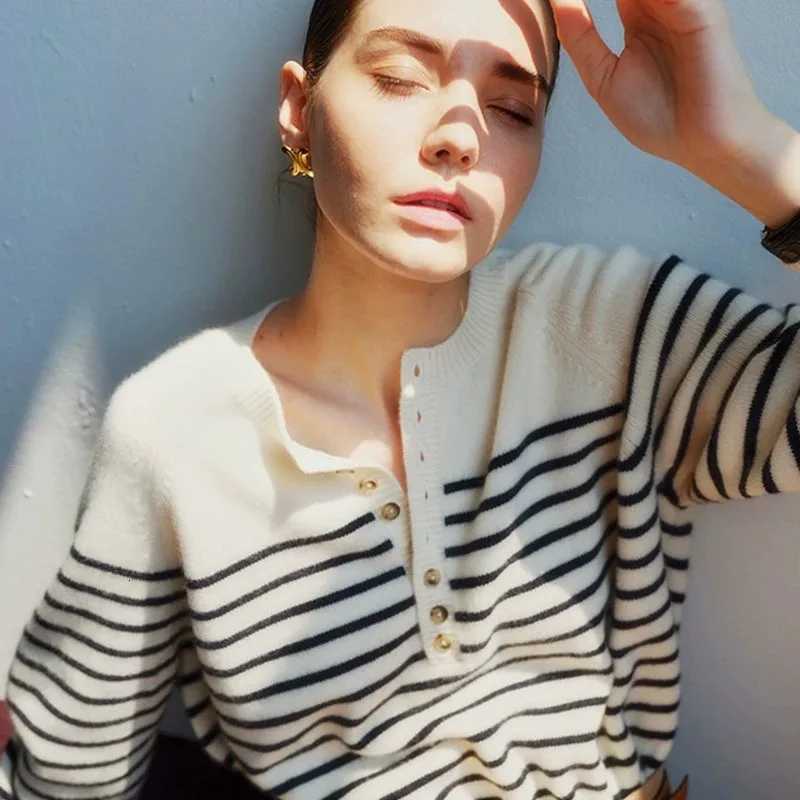 Women's Sweaters French crew-neck sweater Women's half-open neck breasted horizontal striped long sleeve pullover cashmere sweater loose k