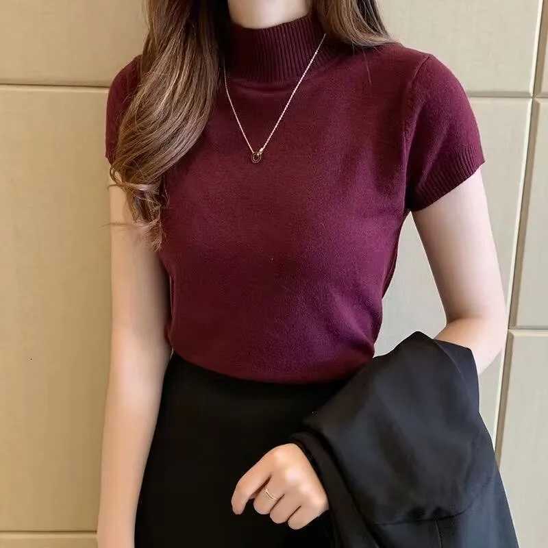 Women's Sweaters Women's Sweater Spring Summer Short Sleeve Turtleneck Thin Knit Sweaters Casual Korean Pullovers Solid Color Slim Tops H2