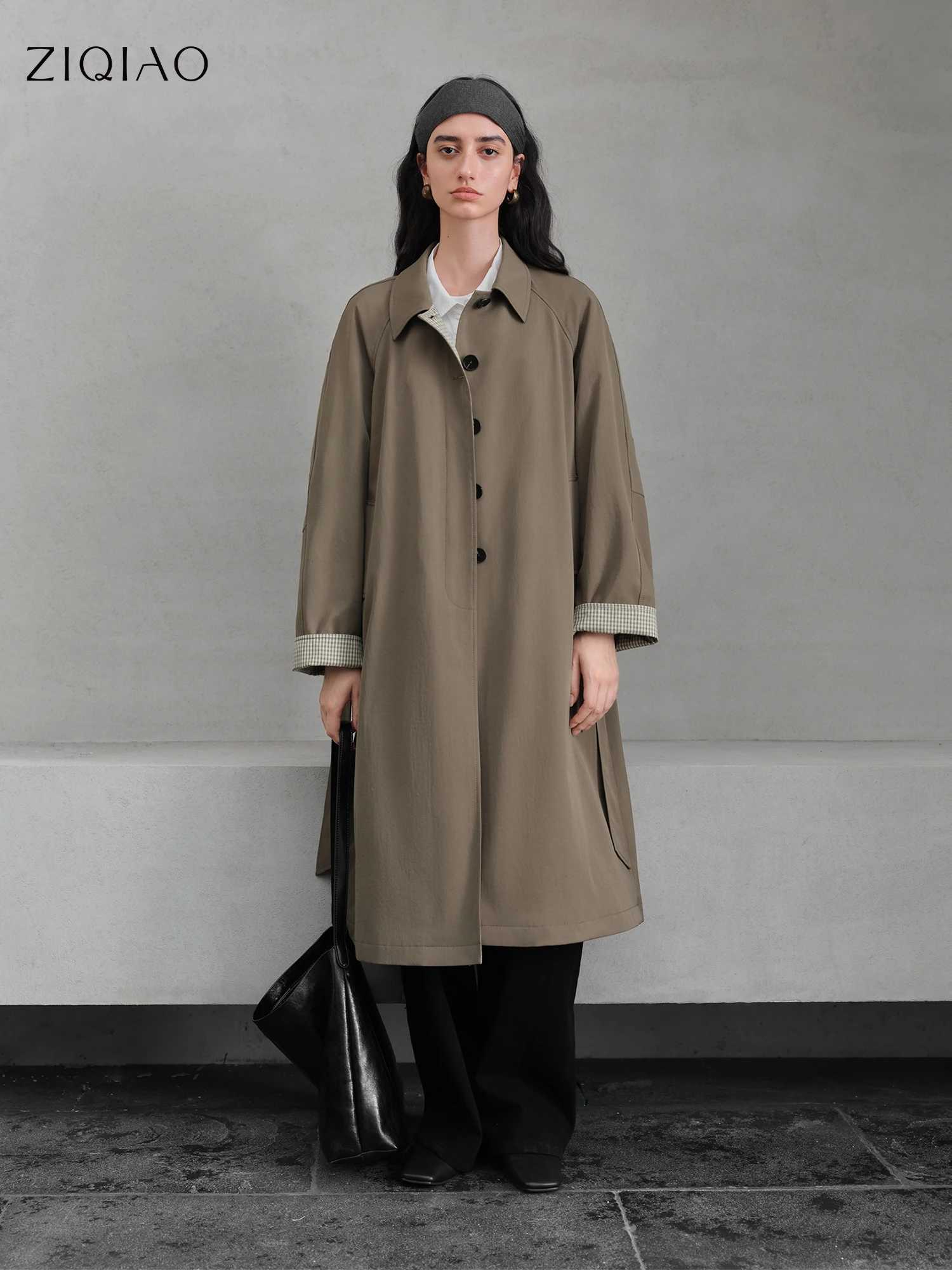 ZIQIAO Plaid British Style Trench Coat Women 2025 Autumn New Retro Mid-length Coat Fashionable All-match Commuting 25ZQ93065 M260922