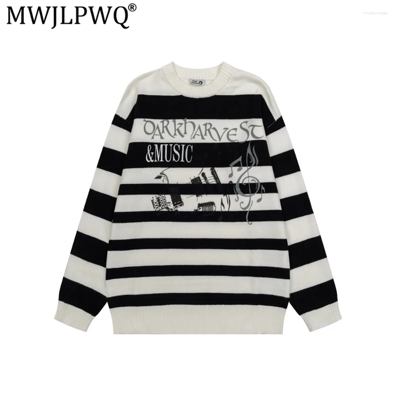 Color-Block Striped Letter Print Round-Neck Sweater Loose-Fit Men's Style Trendy Long-Sleeve Pullover Knit Tops 21214