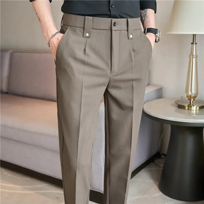 Mens Suit Pants 2026 Spring British Style Elastic Waist Solid Casual Formal Dress Slim Fit Trousers for Men Clothing 260922