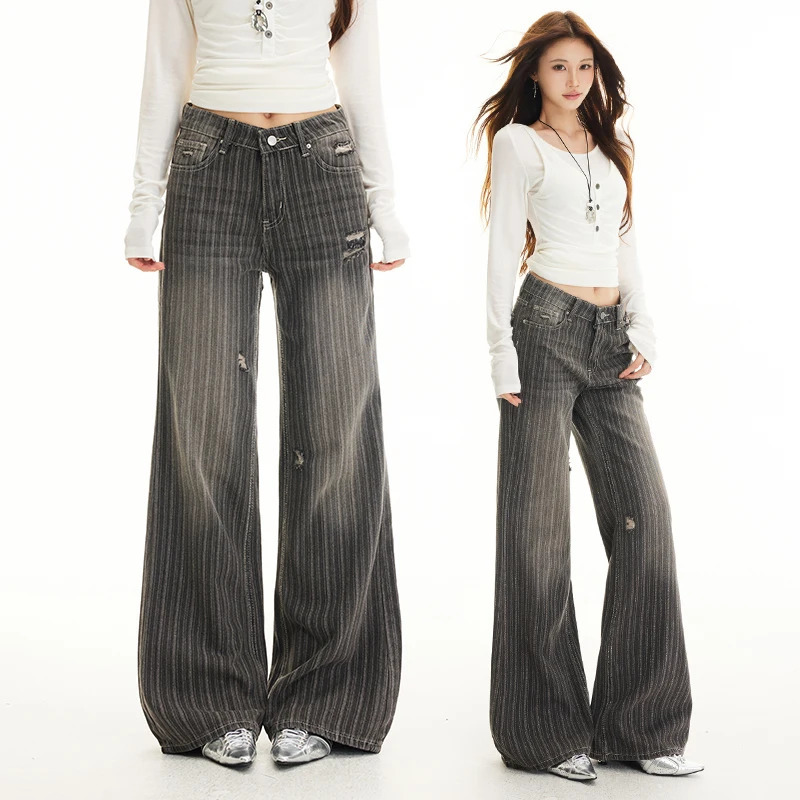 Jeans svasati a righe verticali grigio nero vintage Jeans da donna con buco in difficoltà Vita bassa Pantaloni dritti americani Y2K Street 260922