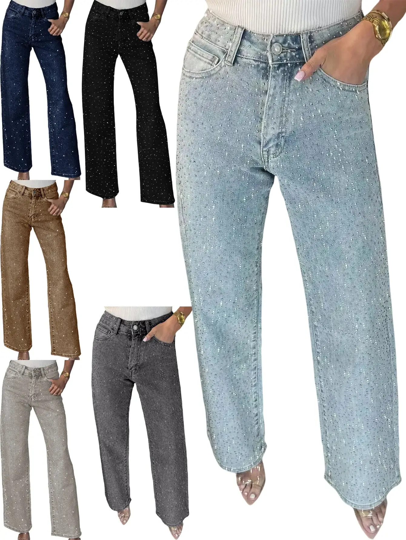 Jeans da donna Jeans da donna Pieno di strass lavato a vita alta Gamba dritta a vita alta con un look sofisticato Pantaloni lunghi alla moda per don