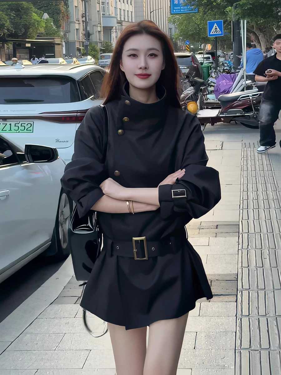 Slim Fit Black British Style Stand Collar Windbreaker Coat Women's Fashion Design Spring Summer New Arrival Commute Korean Ve... M260922