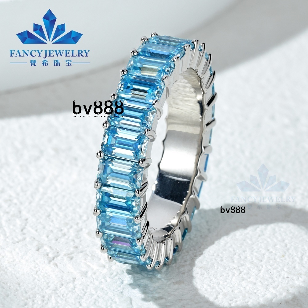 Custom Emerald Cut Blue Moissanite Eternity Band D-VVS1 925 Silver Rhodium Plated Wedding Engagement Ring