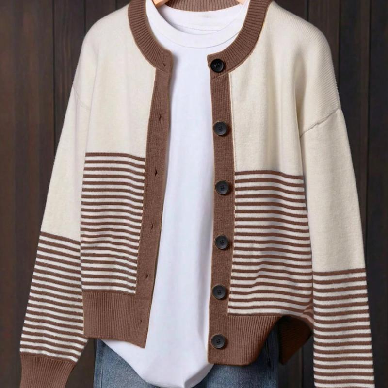 Cardigan en tricot pour femme, col rond, boutonné sur le devant, manches longues, rayé et imprimé léopard, patchwork, silhouette ample, veste cou