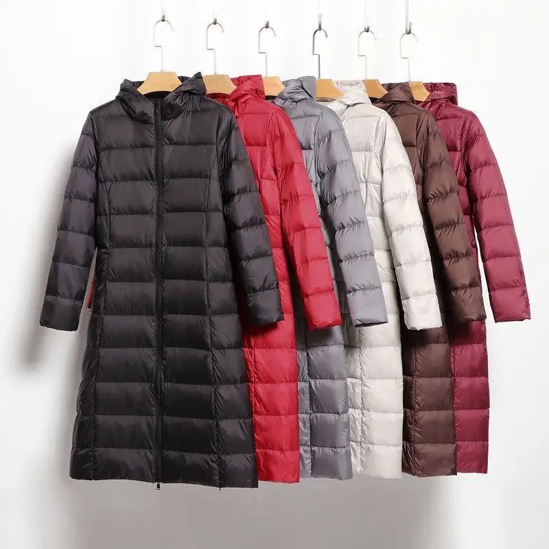 Women's Lightweight Down Jacket Long White Duck Down Coat Hooded Slim Fit Thin Winter Outerwear Puffer Jacket Women JK-071 260923
