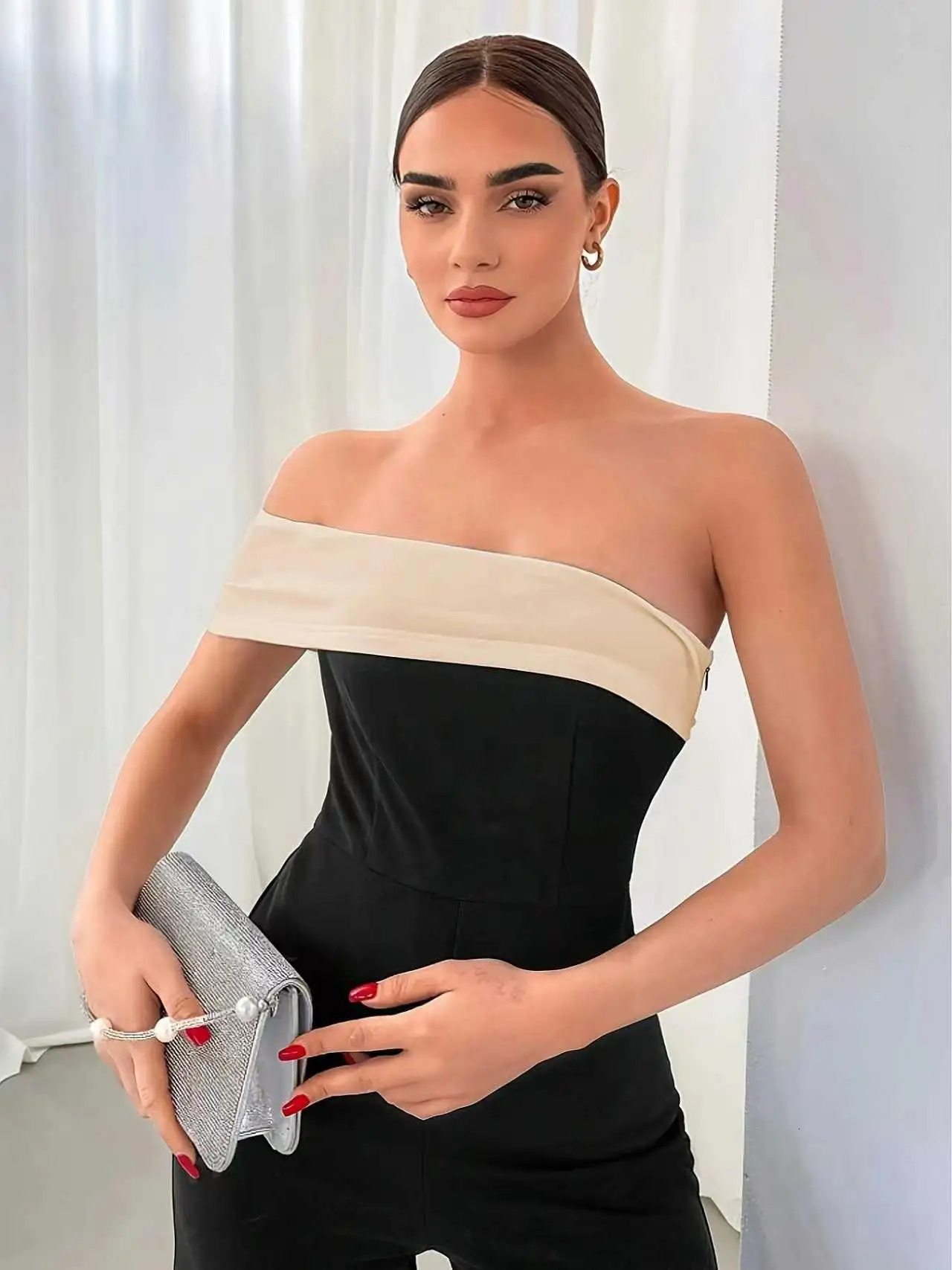 Women Black And Pink Contrast Off Shoulder Jumpsuit Elegant Wide Leg One Shoulder Long Jumpsuit For Party Cocktail 260922