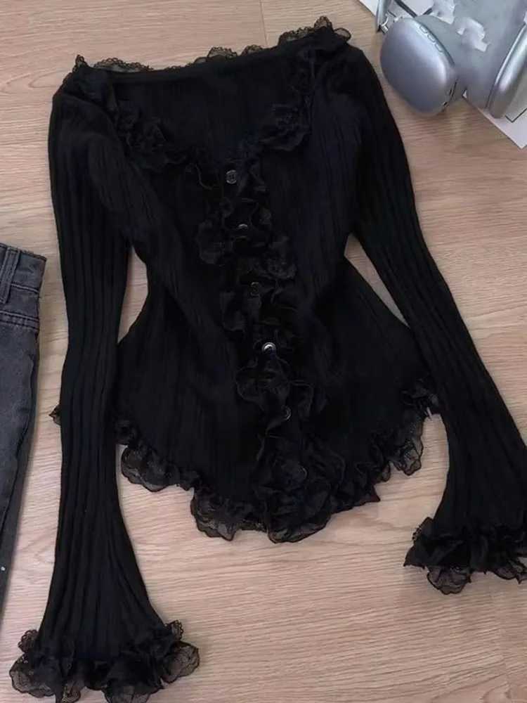 Women's Sweaters Y2k Spicy Style Pullovers Long Sleeve Solid Color Lace Patchwork THin Sweaters Spring Autumn Knit Tops Slim Women CloTHing H26