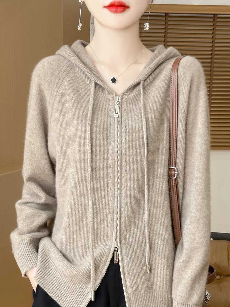 Women's Sweaters Autumn Winter 100% Merino Wool Sweater Cardigan Women's Hooded Zippers Raglan Sleeve Cashmere Knitwear Casual Chic Clothi