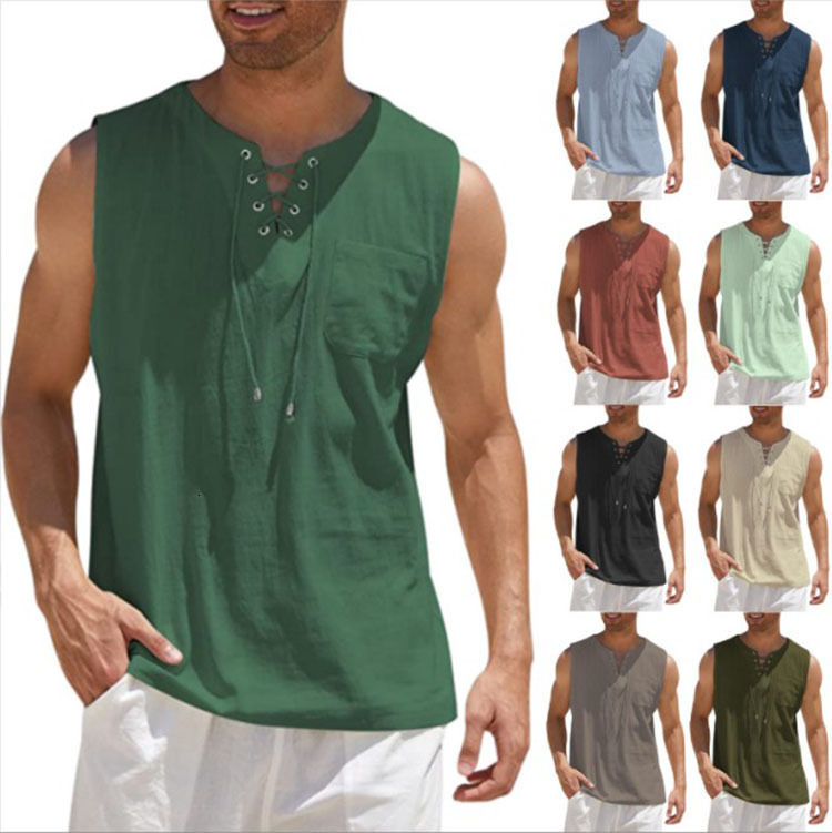2026 Best-Selling New Product: Men's Vest Shirt with Tie, Fashionable Solid Color Cotton-Linen Short-Sleeve T-Shirt